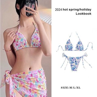 Hoa nhỏ màu tươi in xếp ly bikini mềm cốc nhỏ ngực tập hợp suối nước nóng ven biển nghỉ dưỡng áo tắm phụ nữ