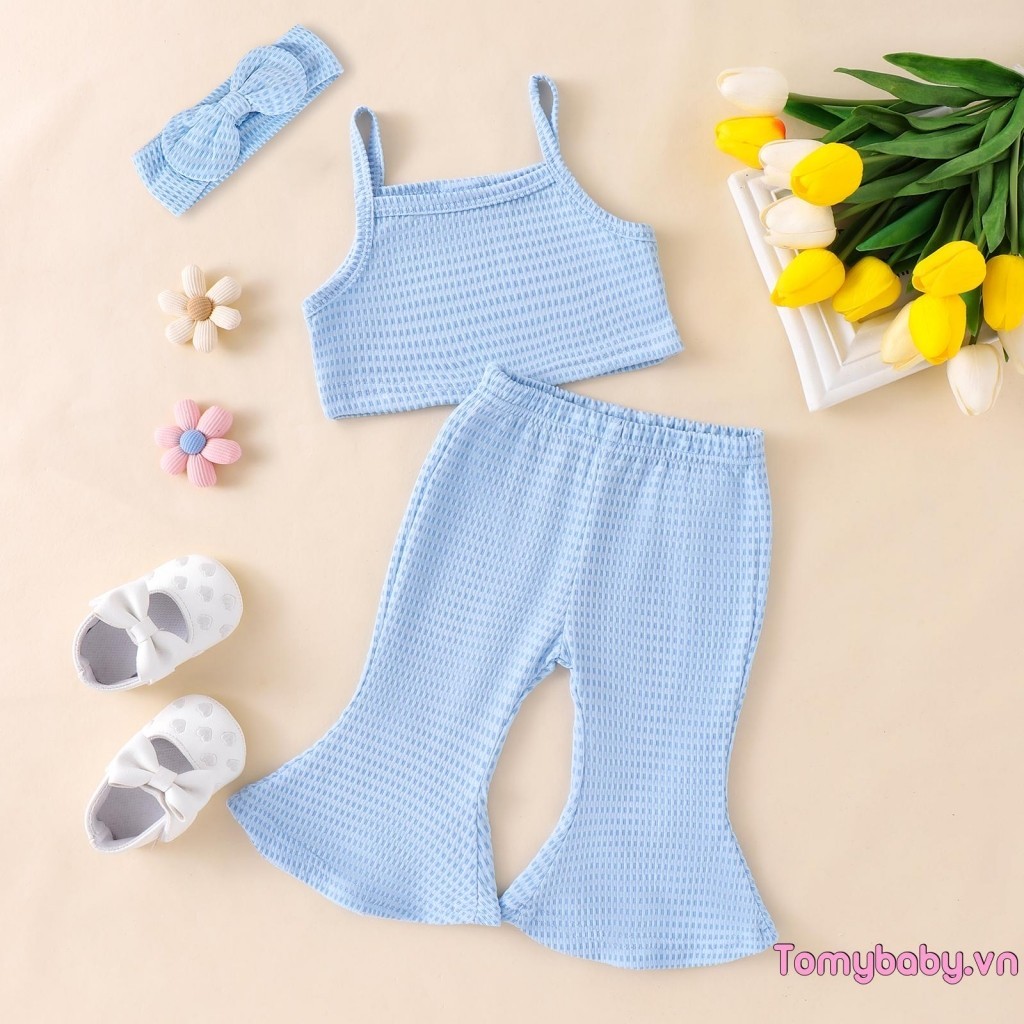 Bé Gái 3 Bộ Quần Áo Màu Trơn Gân Áo Tank Không Tay + Quần loe Băng Đô Trang Phục Mùa Hè