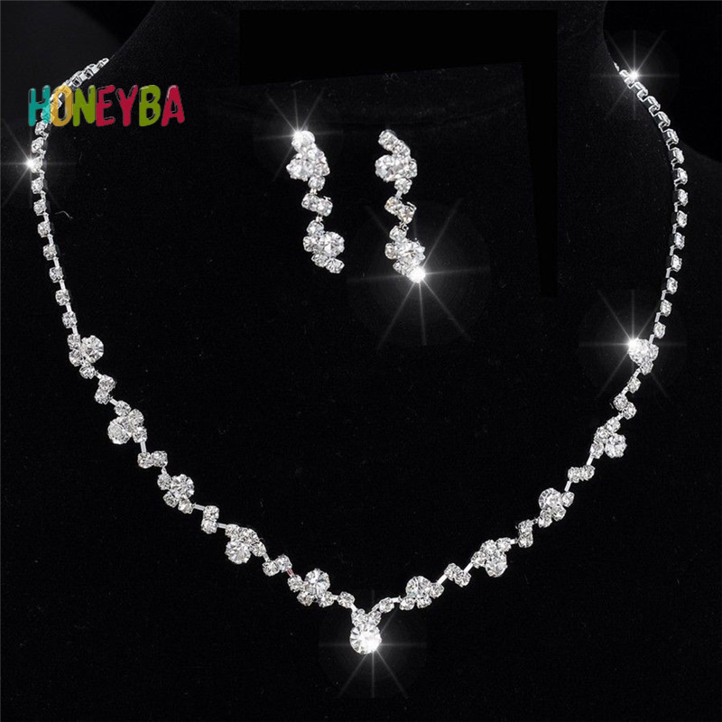< Honeyba > Bộ Bông Tai Vòng Cổ Pha Lê Phù Dâu Bạc Trang Sức Cưới Cô Dâu Trang Sức Trang Sức