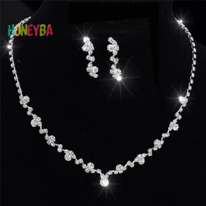 < Honeyba > Bộ Bông Tai Vòng Cổ Pha Lê Phù Dâu Bạc Trang Sức Cưới Cô Dâu Trang Sức Trang Sức