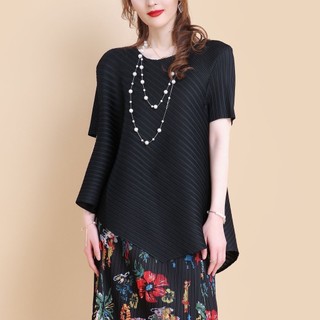Miyake Phong Cách Xếp Ly Top Nữ Thời Trang Không Đều Rời Ôm Hơn Nhìn Áo Thun Màu Trơn Phù Hợp Xếp Ly Áo Sơ Mi Nhỏ Ngắn