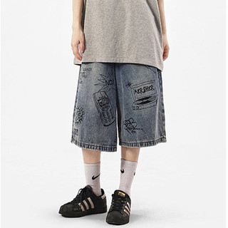 Gksss Nam Phố retro graffiti Nhật Bản Quần short denim dáng rộng giản dị thẳng ống rộng quần crop