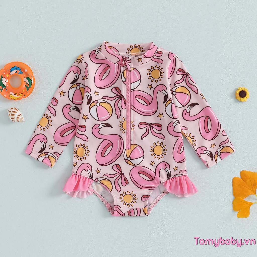 Bộ đồ bơi xếp nếp cho bé gái mới biết đi Họa tiết nơ dễ thương Tay dài Dây kéo Rash Guard Bộ đồ tắm