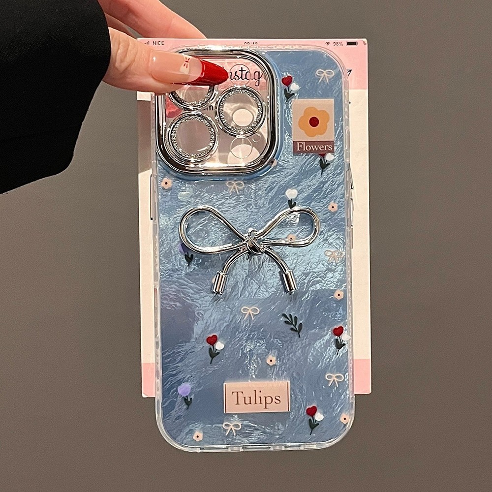 Lập Thể Nơ Màu Hồng Tulip Dây Xích Ốp Lưng Điện Thoại iPhone 17ProMax 16Plus 15 14 13 12 11 Pro Max Long Lanh Với Ống Kính Phim Bảo Vệ Chống Sốc