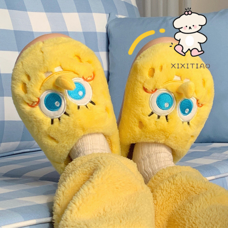 Xixitiao Cotton Dép SpongeBob SquarePants Thu Đông Phong Cách Baotou Lông Cừu Ấm Áp Trong Nhà Mềm Dày-