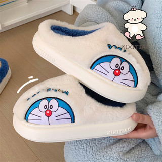 Xixitiao Thu Đông Doremon ip Đồng Thương Hiệu Ấm Baotou Dép Cotton Hoạt Hình Dễ Thương Tinkerbell Mèo Đế Mềm Confinement Giày Nữ