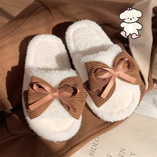 Xixitiao Thu Đông Phong Cách Mới Cổ Tích Phong Cách Nơ Ngọt Ngào Nữ Cotton Dép Thời Trang Retro Đế Mềm Thoải Mái Lông Dép