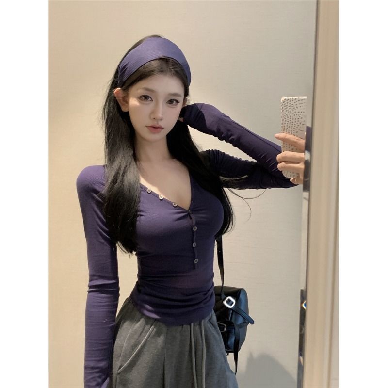 Milyfashion Pure Desire Dài Tay T Gợi Cảm Cổ Chữ V Lộ Xương Cổ Ôm Đáy Đơn Giản Phù Hợp Với Áo tee Cho Bé