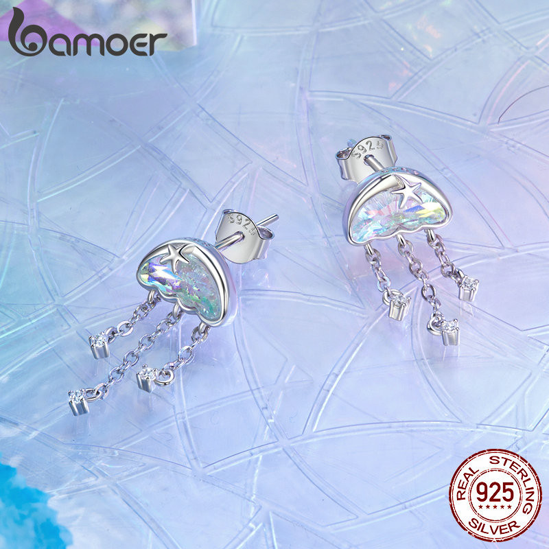 Bamoer 925 Sterling Sliver Bông Tai Iridescent Thạch Thiết Kế Trang Sức Quà Tặng Cho Nữ