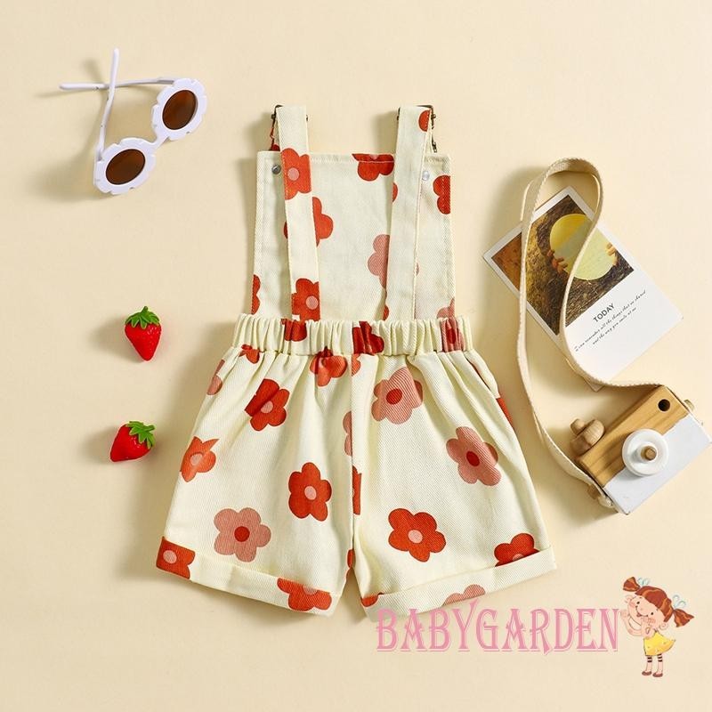 Baga-6m-6y Trẻ Em Bé Gái Denim Áo Liền Quần Hoa Không Tay / Dâu In Quần Short Suspender Cho Bé