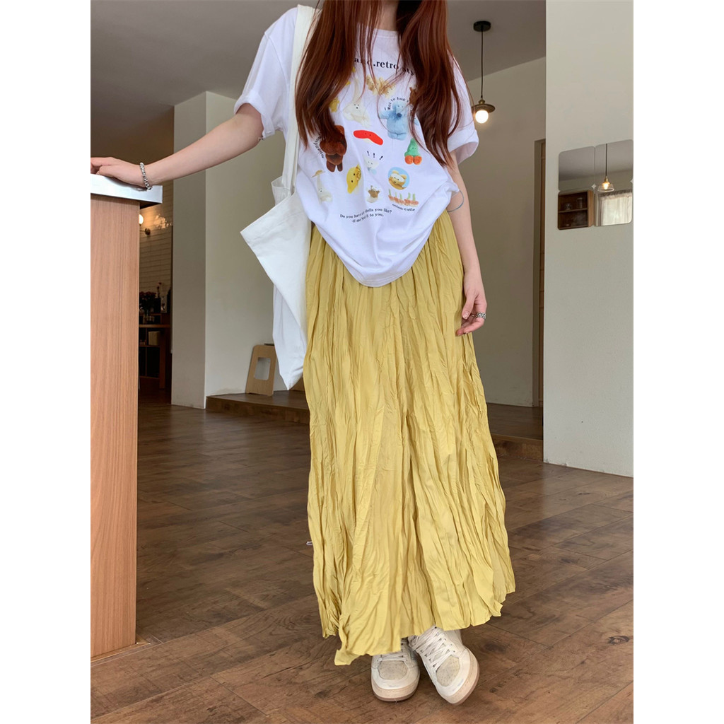 Suxi Thời Trang Mới Váy Maxi Mùa Hè Phong Cách Hàn Quốc Xếp Ly Nữ Midi Dài Váy Chữ A 240421