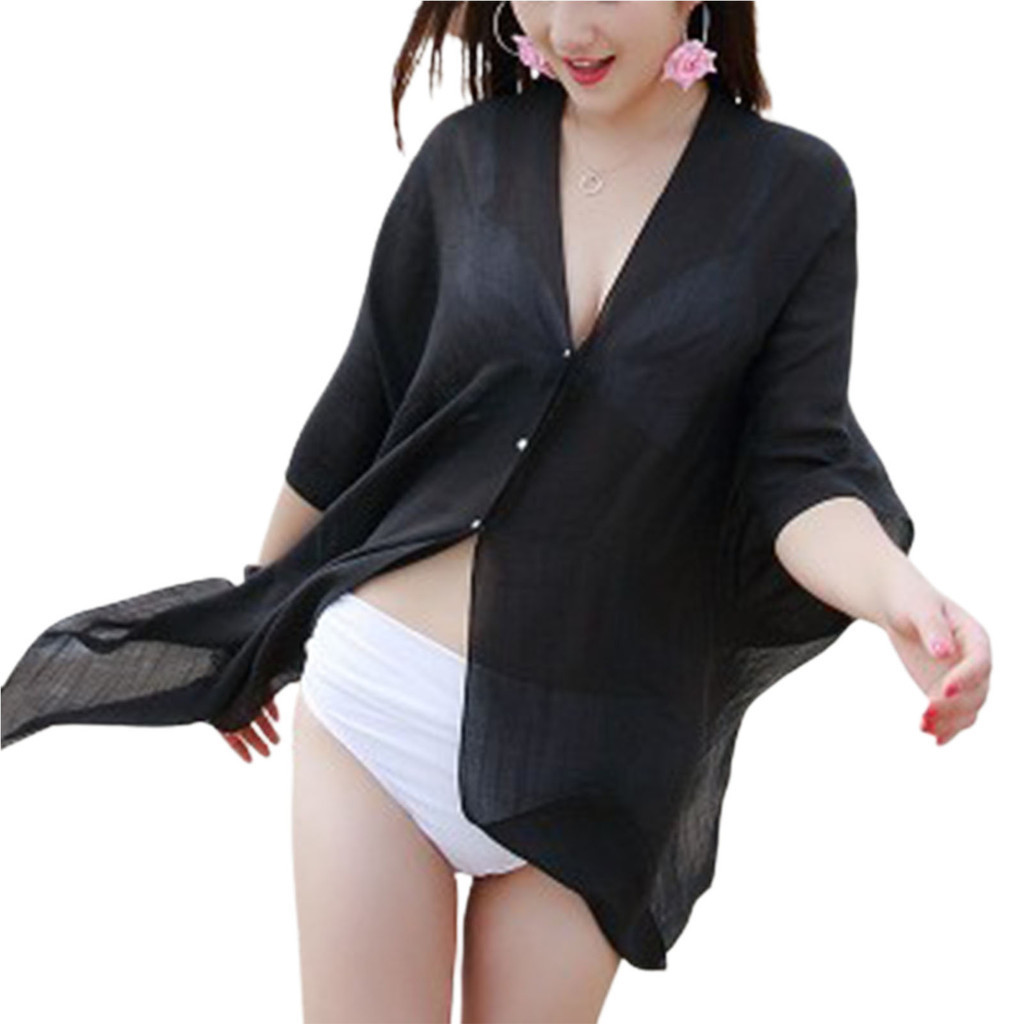Cổ Chữ V Tay Không Đều Đơn Áo Sơ Mi Bikini Mỏng Thoáng Khí Voan Bikini Che Nắng