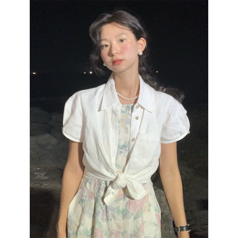 The barnnet Summer Thin Cotton and Linen Top Loose Short Sleeve Cardigan Shirt White Shirt