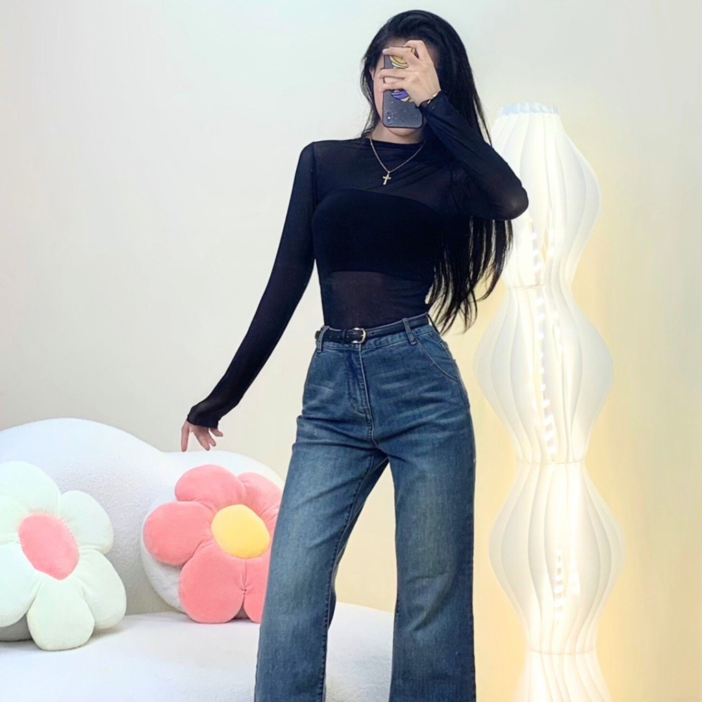 Áo lưới kiểu tay dài PINKSTORE29 kèm áo lót, phong cách xuyên thấu gợi cảm A5892
