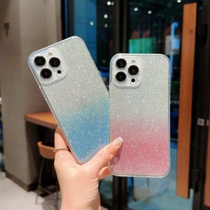 Vỏ điện thoại di động trong suốt long lanh gradient hồng dịu dàng, chống sốc, cao cấp, phụ kiện đa năng