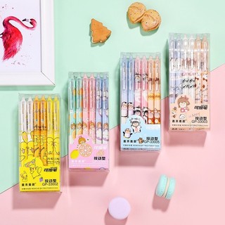 [Mực Xanh] Set 12 Bút Bi Mực Gel Hoạt Hình Ngòi 0,5mm Có Thể Xóa Được, Bút Bi Bấm Văn Phòng Họa Tiết