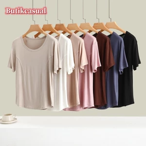 Phụ Nữ Modal Cotton Áo Sơ Mi Trơn Tay Ngắn Áo Mềm Mại Thường Ngày Top 2025 Mùa Hè Mỏng Áo Sơ Mi