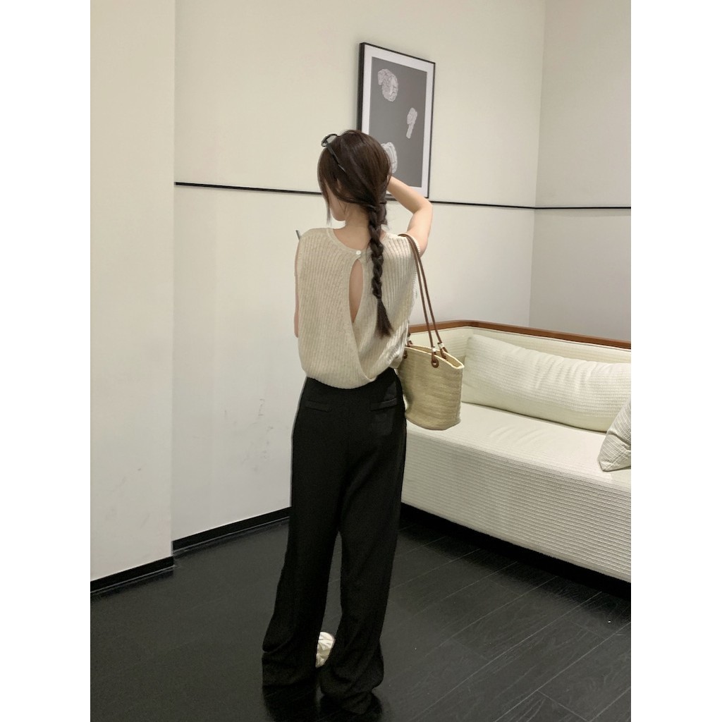 Suxi Backless Loose Đơn giản Mùa hè Áo dệt kim mới dành cho nữ Crop Top 240530