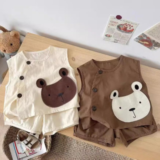 Bộ Trang Phục Bé Không Tay In Hình Gấu Nâu Trắng, Cổ Tròn, Quần Short