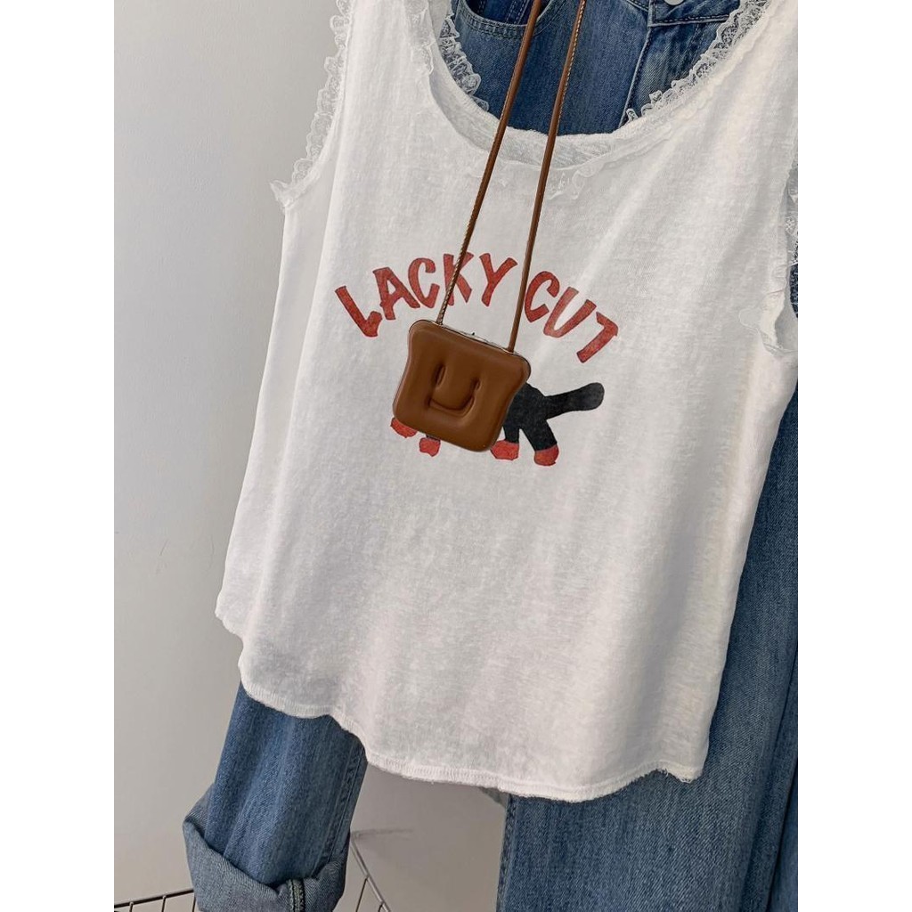 Milyfashion Loose Size Lớn Ren Trắng Khâu Sling Không Tay Top Mặc Ngoài Mèo Đen In Hình Dễ Thương Thường Ngày Phong Cách Ba Lê