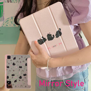 Vỏ Gương Acrylic Cho IPad Mini6 5 6 7 8 9 Air Air2 Air3 Air4 Air5 Air6 10.9 "Pro10.5 Pro11 Pro12,9 2018 2020 2021 2022 Air M2 Pro 11 13 M4 2024 Ba Vỏ Da Mèo Con Màu Đen