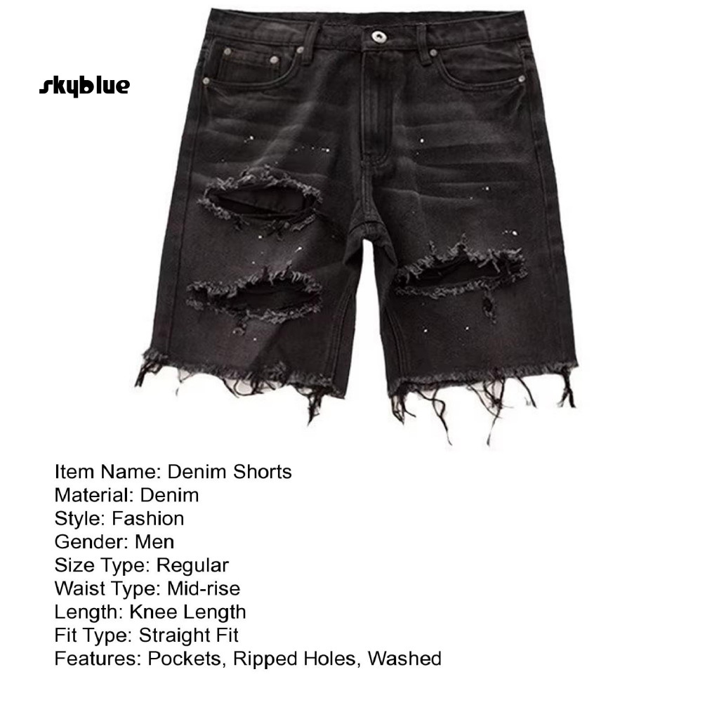 Quần short denim nam rách nhiều túi, dài đầu gối, dáng jean thẳng, phong cách mùa hè