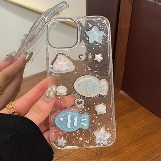 Hoạt Hình Dễ Thương 3D Sao Biển Cá Lấp Lánh Bạc Kim Sa Lấp Lánh Trong Suốt Epoxy Ốp Lưng Điện Thoại iPhone 12 13 14 15 16 Promax Plus 11 Chống Sốc Nữ Điện Thoại Di Động
