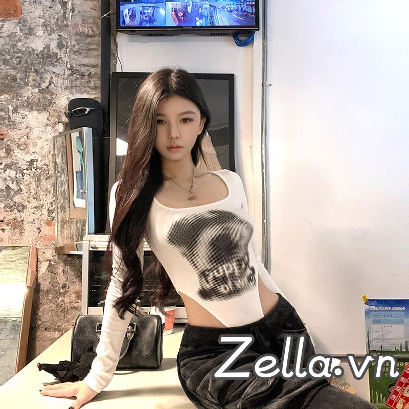 Áo liền thân nữ cổ chữ U dài tay in chữ trắng Slim Fit Áo