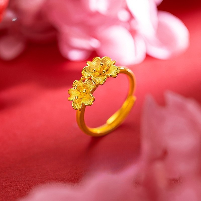 【BÁN BUÔN】Nhẫn hoa đôi mạ vàng 24k Vòng mở hoa 3D có thể điều chỉnh nhẫn vàng nữ nhẫn vàng