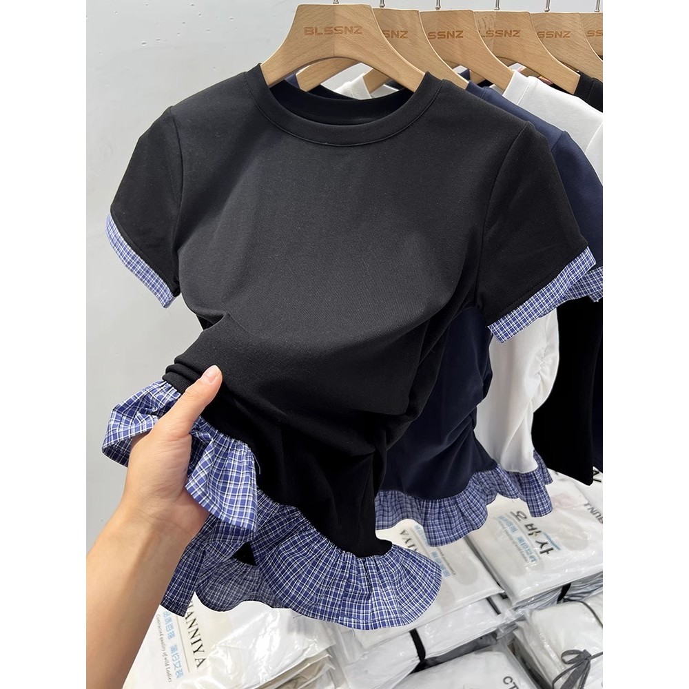 Milyfashion Áo Thun Nữ Tay Ngắn Màu Trắng Mùa Hè Phong Cách Mới Thiết Kế Độc Đáo Niche Kẻ Sọc Khâu Top Nữ Nửa Tay Hợp Thời Trang 2025