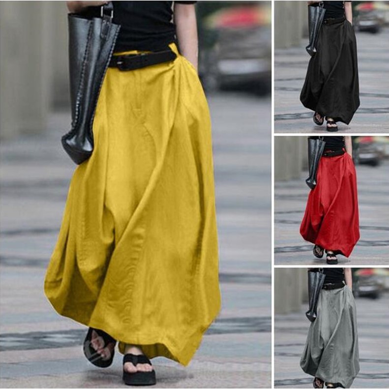 A.t.a Chân váy chữ A cotton lanh màu trơn, xòe rộng nhún ly mùa hè