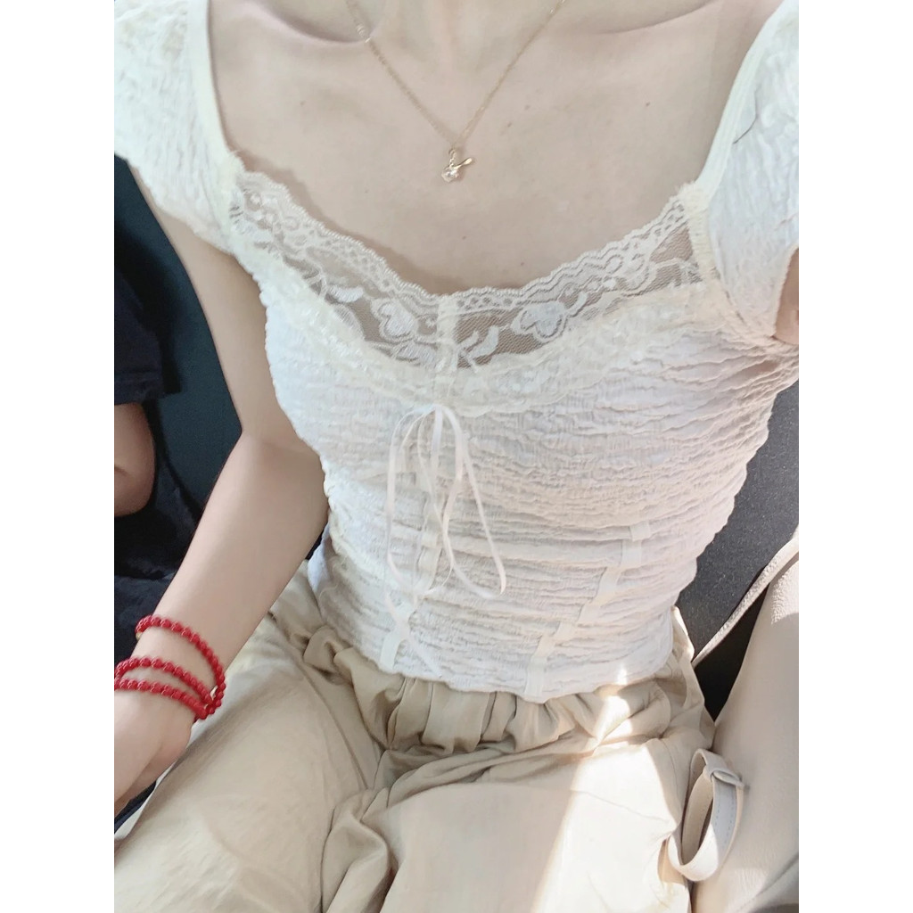 Milyfashion Ren Dệt Kim Sling Pure Desire Slim-fit baby tee Xếp Ly Vải Ruy Băng Nơ Ngắn Top