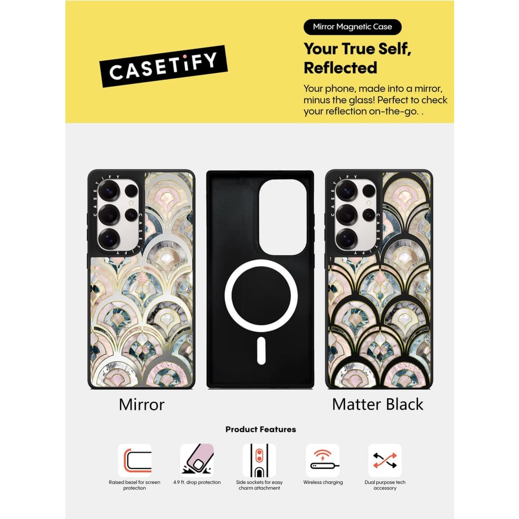 Casetify X Vỏ gạch trang trí Matte Black & Sliver Mirror Vỏ hút từ tính Samsung Galaxy S23 S24 S25 Ultra Plus Mặt sau cứng có hộp khắc logo