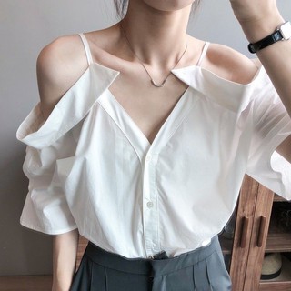 Áo Sơ Mi Size Lớn Nữ Áo Sơ Mi Trắng Nữ Thời Trang Phong Cách Phương Tây 2025 Mùa Hè Một Vai Sling Quần Áo Gợi Cảm Ngoài Vai Áo Máy Nhỏ Cao Cấp Kích Thước Vừa Lớn Nữ Cổ Chữ v Áo Nữ