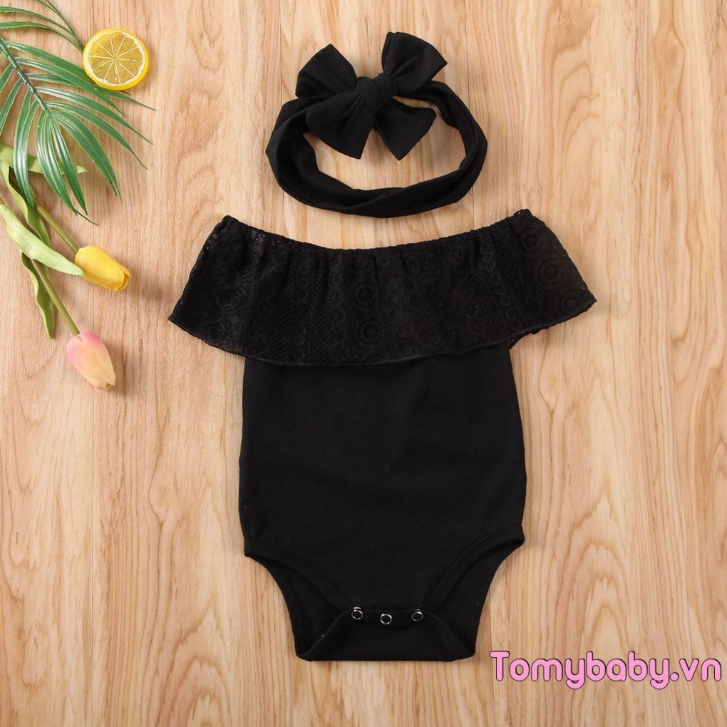 Bộ áo liền quần ren lệch vai cho bé gái + Băng đô nơ