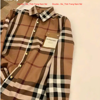 Áo Sơ Mi Kẻ Nâu Nắp Túi Double - Six Somi Nữ Vải Cotton Mềm Mịn Không Nhăn