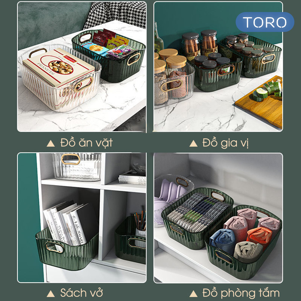 Khay nhựa trong suốt đựng mỹ phẩm DINO có tay cầm đựng đồ để bàn, dụng cụ trang điểm đa năng gọn gàng