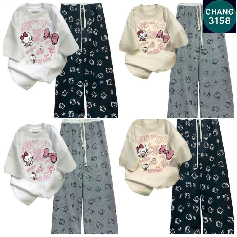 Tổng hợp các sét Bộ Quần Họa Tiết Mèo + mix áo phông Unisex form thụng tay lỡ - hình Mèo cute-CHANG 3158