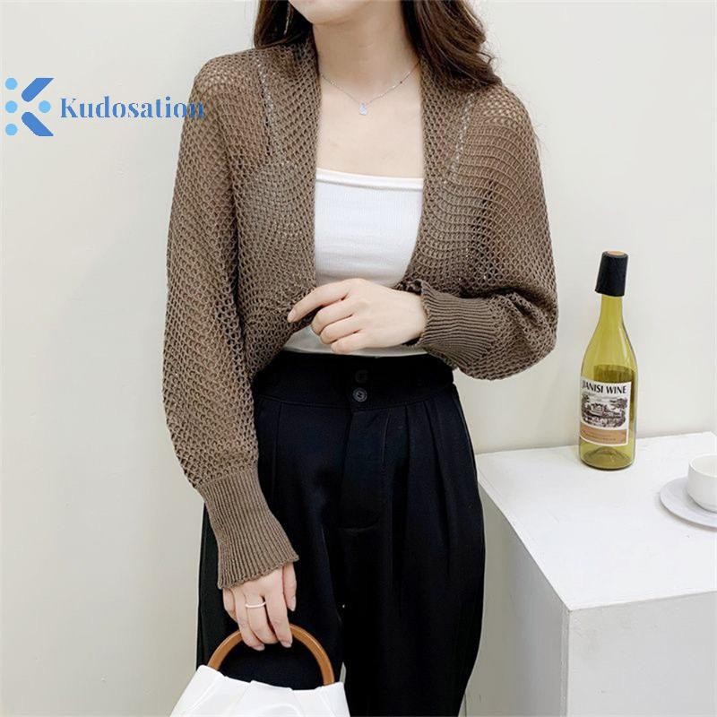 Kudosation Nữ Mùa Hè Màu Trơn Rỗng Ra Dài Tay Áo Cardigan Dệt Kim Rời Đẹp