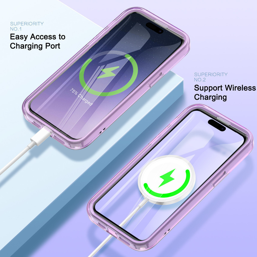 Ốp điện thoại từ tính toàn diện 3 trong 1 cho Iphone 15 14 13 12 11 Pro Max 15 Plus Vỏ sạc không dây dày Vỏ chống sốc Màu tím trong suốt Bảo vệ mạnh hơn có nắp trước