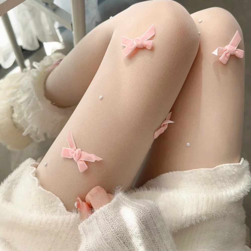 Vớ Ngọc Trai Nơ Y2K - Quần Lụa Trắng Hồng Đen - Siêu Mỏng, Co Giãn, Liền Mạch - Ngọt Ngào, Gợi Cảm, Dễ Thương - Quần Legging Gothic Nữ Bé Gái