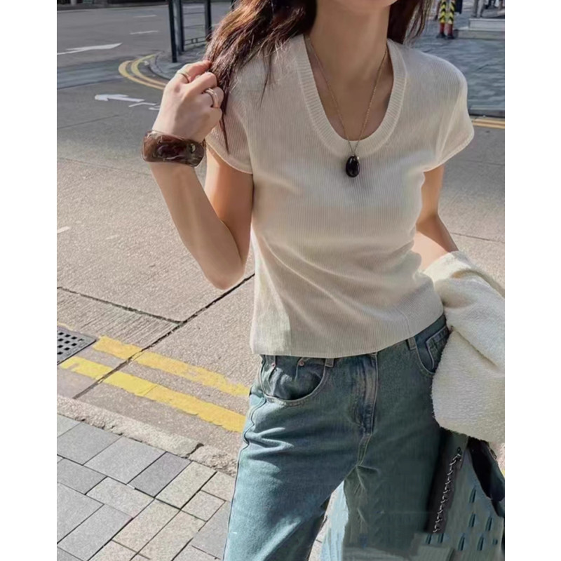 Suxinew Mùa Hè Phong Cách Tối Giản Màu Trơn Cổ Ôm Phù Hợp Với Đa Năng Ngắn Tay Dệt Kim Áo Len Nữ Top 240419