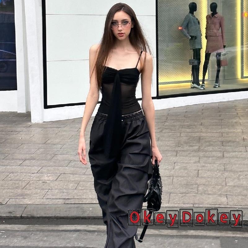 Okdk-Áo hai dây ngắn tay mùa hè dành cho nữ không tay cắt thấp màu trơn Slim Ruched