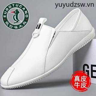 Oren Woodpecker Peas Giày Nam Da Thật Đế Mềm Phong Cách Mỏng Thoáng Khí Hợp Thời Trang Giày Trắng Lười Slip-On Giày Da Thường Ngày