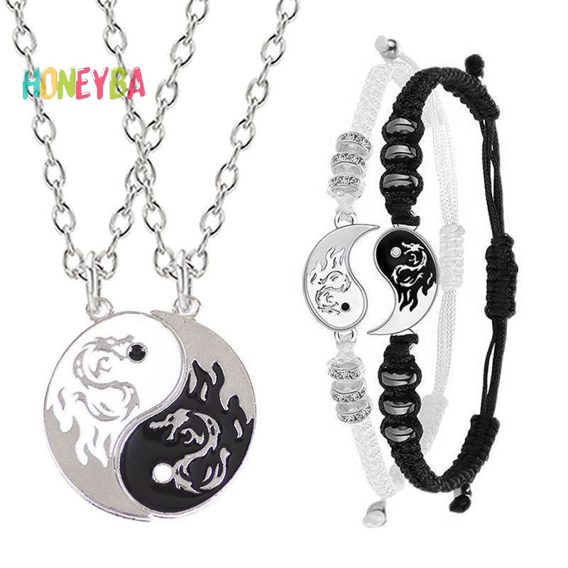 < Honeyba > Vòng tay có thể điều chỉnh hình rồng thời trang Âm Dương Vòng cổ cặp đôi Thái Cực dành cho bạn trai Bạn gái Quà tặng trang sức ngày của Valene
