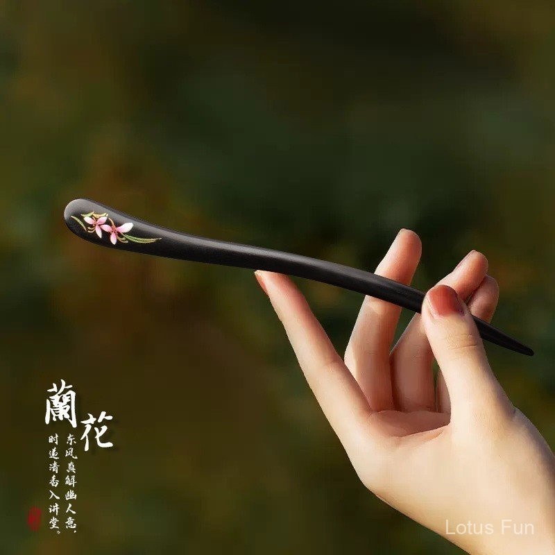 Cổ Điển Sơn Mài Nghệ Thuật Hai Mặt In Hình Gỗ Mun Kẹp Tóc Đơn Giản Hiện Đại Mới Trung Quốc Kẹp Tóc Bằng Gỗ