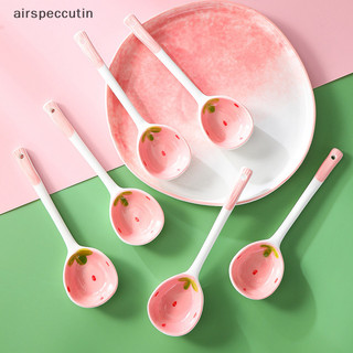 Airpeccutin Dâu Gốm Canh Thìa Dễ Thương Hàn Quốc Kem Vẽ Tay Cà Phê Món Tráng Miệng Tay Cầm Dài Thìa Phụ Kiện Nhà Bếp EN
