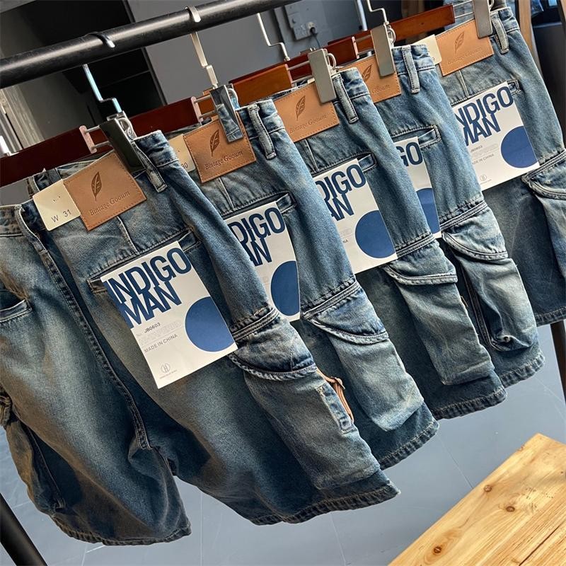 Hàng Cứng Hợp Thời Trang Công Nghiệp Nặng Rửa Đau Khổ Frayed Ami Kaki Vintage Nam Thẳng Rời Denim Năm Điểm Quần Short