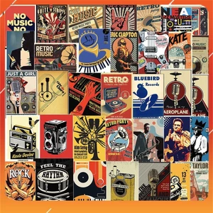 50 cái Sticker Music Retro, Hình Dán các loại nhạc cụ chống nước, Sticker âm nhạc cổ điển