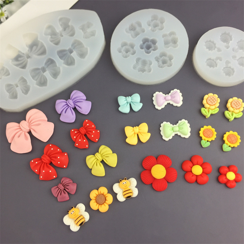 Năm Cánh Hoa Hướng Dương Ong Hoa Nơ Hoa Silicon Khuôn Trang Trí Bánh Sô Cô La Khuôn Handmade Hoàn Thiện Mô Hình Thạch Cao Trang Trí Khuôn